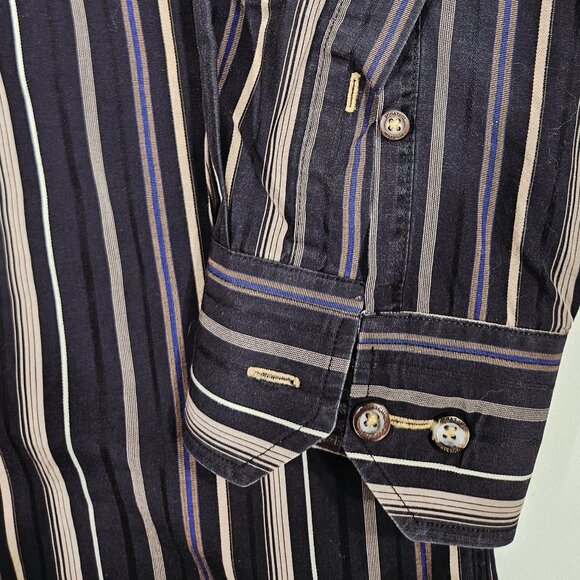 Bugatchi Uomo Men’s L Stripe Dress Shirt Black Tan Blue Cotton - Picture 6 of 6